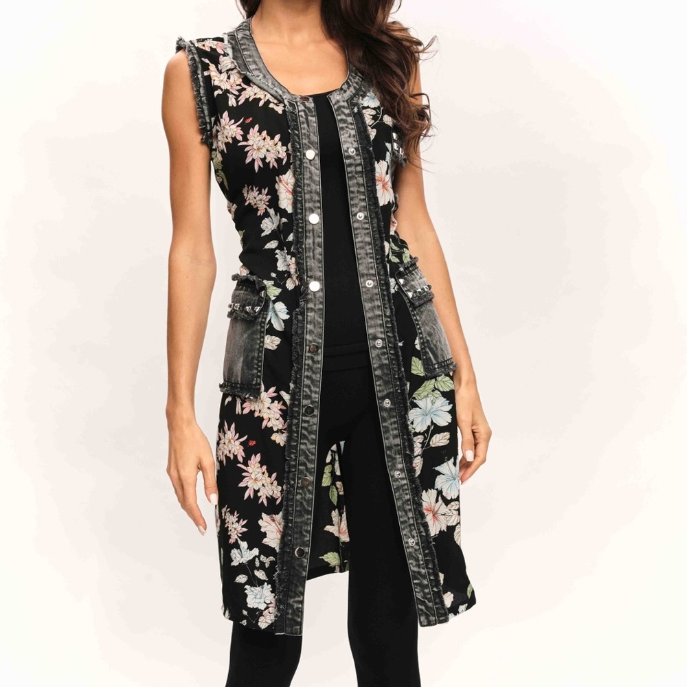 Ladies Printed duster in denim trim
